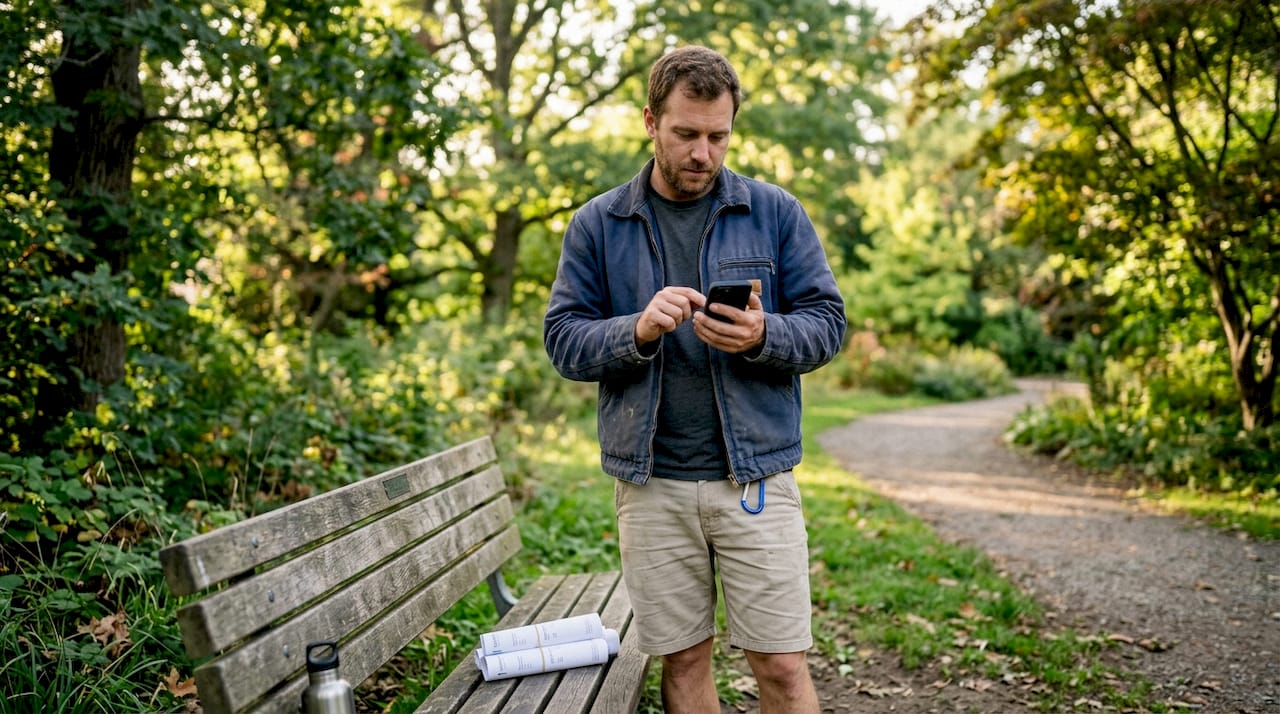 Outdoor service operator reviewing payments and job records