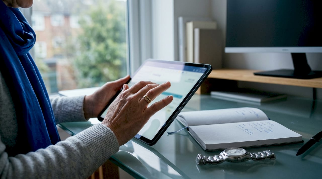 Service business owner reviewing invoices on a tablet outdoors